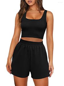 Kvinnors tankar edhomenn Womens Two Piece Outfits Square Neck Crop Top med lösa höga midja shorts Set casual sommar