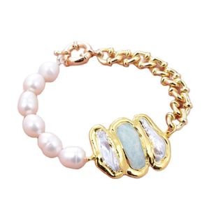 GuaiGuai Jewelry Natural Cultured White Rice Pearl Amazonite Biwa Pearl Chain Bracelet For Women Real Lady Fashion Jewellry9015825