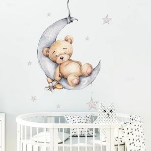 Cartoon Teddybär schläft auf dem Mond und Sterne Wandkleher für Kinderzimmer Baby Dekoration Abziehbilder Innenraum 240418