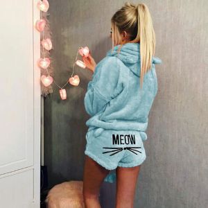 Sweatshirts Women Coral Velvet Suit Two Piece Autumn Winter Pyjamas Warm Sleepwear Söta katt Meow Pattern Hoodies Shorts Set 2018 Ny