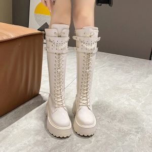 Boots Autumn Leather Warm Plush Boots Women Pearl Knee High Boots Casual Chunky Punk Shoes Woman High Heels Platform Long Boots