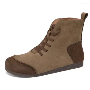 Scarpe casual 2024 Autunno/inverno in pelle vintage High top stivali da donna rotonda cucitura del vento nazionale singolo