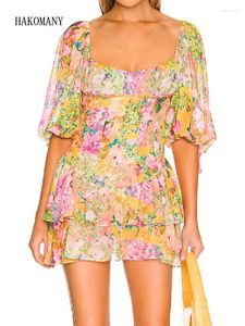 Party Dresses 2024 Women Half Puff Sleeve Low Waist Irregular Ruffles Hem Short Robe Yellow Flower Print Ruched Chest Corset Style Mini