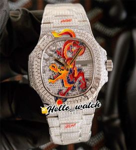 JHF Limited New Iced Out Full 57201 에나멜 드래곤 디자인 다이얼 Cal324 S C 자동 남성 시계 5720 다이아몬드 브레이슬릿 Hellowatch1475896