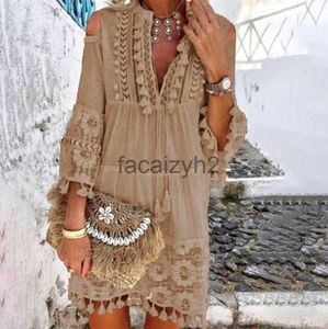 Casual Dresses Summer Tassel Boho Dress Women V Neck Seven Sleeve Loose Fit Beach Wear Femme Holiday Bohemian Chic Short Dresses K0316