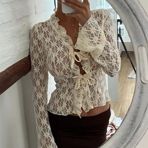 T-shirt hirigin eleganckie kobiety letnie koronkowe kwiatowe blaty płomienne długie rękawy krawat z przodu Slim Slim Cardigan Fear Blusa Mjer Moda