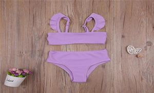 Girls Solid Color Split Swimsuit Set Sleeveless Backless Low Cut Bikini With Ruffles Panties For Summer Clothing Sets5895575