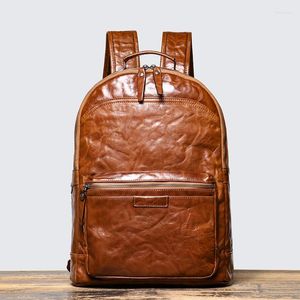 Backpack Vintage Real Leather Travel for Men's Leisure ao ar livre bolsas escolares de 15 polegadas Laptop Gift Har marido