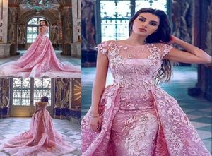 Luxury Pink Mermaid Evening Gown With Overskirts Train Lace Applique Short Sleeves Red Carpet Dress Amazing Dresses Sexy Formal Ev8797804