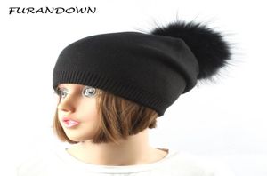 Kvinnor Winter Wool Sticked Hats Pompom Beanie Natural Fox Fur Pompons Hat Solid Color Causal Hat Cap D181101029420284