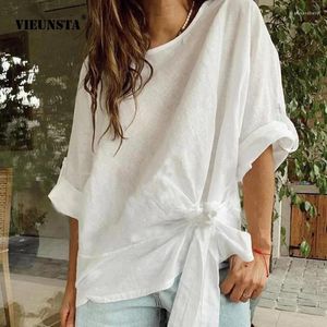 Kvinnors T-skjortor Casual Löst passande kvinnor T-shirt Topp Summer Solid Color Round Neck Bat Wing Sleeve Hem Knot Fashion Trend 2024 Style