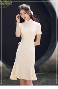 Ethnische Kleidung 2024 Sommer Cheongsam Slim Fashion Women Fishtail Kleid sexy Kurzarm Beige Qipao