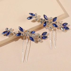 Hair Clips 2Pcs Wedding Sticks Forks Blue Rhinestone Designs U Shaped Hairpins Side For Bride Accessories Jewelry