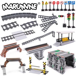 Blocks Marumine MOC City Train Railway Build Model Kit Soft Cruved Straight Tracks Traffic Light Tunnel Compatible 53401 Blocks Bricks