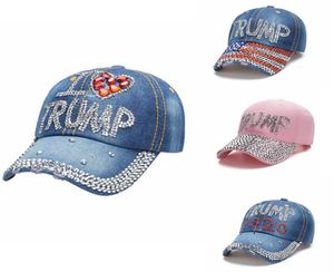 Trump Denim Hat Rhinestone Trump Beyzbol Kapağı Striped ABD Bayrak Kapakları Kadın Kızlar Snapback Başkan Şapkalar Açık Mekan Tasarımları 4 Tasarımlar1516469