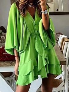 Vestidos casuais Mulheres vestido de travamento verde de manga de sopa vintage V fêmea de mola curta 2024 vestidos