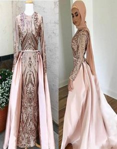 Arabic Dubai Evening Dresses With Detachable Train Muslim Evening Gowns Without Hijab kaftan abaya Long Sleeve O Neck Sequins Prom7881424