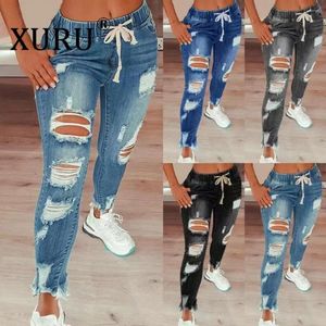 Jeans femminile xuru- elastico vita strappata a matita foro magro blu nero grigio xxl 3xl 4xl 5xl