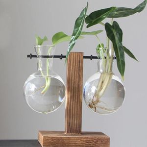 花瓶水耕植物容器植物植物ガラス試験チューブの木製木製スタンドの植木鉢の家の装飾