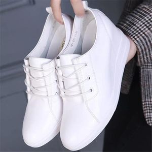 Casual Shoes Women Cow Leather Fashion Sneakers Height Increasing Lace Up Round Toe Loafers Mid Heel Trainer Boots Party