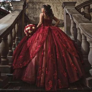 Dark Red One Shoulder Ruffles Ball Gown Quinceanera Dresses Appliques Lace Beading Corset Sweet 16 Vestidos De XV Anos