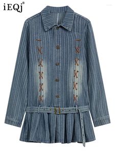 Casual klänningar vintage minimalistiska denim för kvinnor lapel långärmad enkelbröst modeklänning kvinnlig vår 2024 3WQ9870