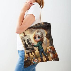 Storage Bags Canvas Women Shopper Bag Cute Cartoon Girl Shopping Double Print Reusable Foldable Children Gift Travel Lady Tote Handbag