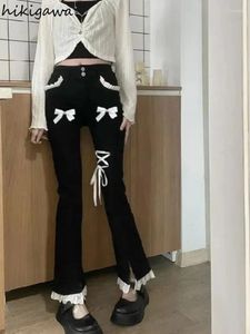 Women's Pants 2024 Bottoms Black Fashion Y2k Flare For Women High Waist Tunic Split Trousers Bandage Bow Lace Pantalon Femme 27t354