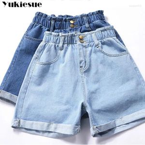 Kvinnors jeans vintage hög midja harem ruffle wide ben korta sommar kvinnor ljus blå denim shorts streetwear jean clothe