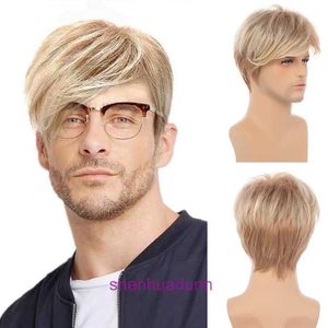 Fashionable mens short hair slanted bangs wig fluffy natural high temperature silk synthetic fiber full head cover