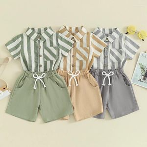 Clothing Sets VISgogo Toddler Boy Gentleman Outfit Summer Clothes Striped Print Short Sleeves Button Shirt And Shorts Set For Formal Wear