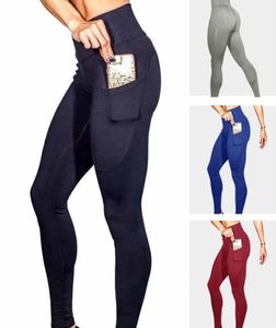 Yoga outfit kvinnor sömlös sport mobiltelefon fick leggings fast färg hög elastisk fitness höft lyft midja byxor4490213