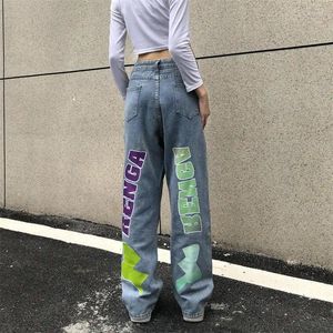 Kvinnors jeans high street stjärna brev tryckt slouchy kvinnor ins stil hip hop trend amerikansk lös avslappnad mångsidig rak benbyxor