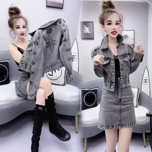 Womens Tracksuits Denim Jacket And skirt Two Piece Pants Set Casual Elastic Fashion Retro Grey Denim Outfits Matching Set