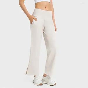 Active Pants Justera logotyp Kvinnor Lossa bredben blossade yoga med hög midja sportbyxor med fickor nakna mjuka tröjor träningskläder