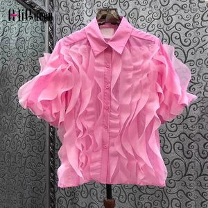 Women's Blouses Summer Women Sweet Casual Pink Half Puff Sleeve Shirt Korean Stytle Female Slim Layers Ruffles Shirts Blouse Solid Top