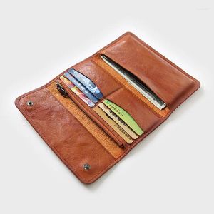 Wallets Genuine Cow Leather Wallet For Men Vintage Handmade Mens Long Trifold Clutch Bag Purse With Card Holder Coin Pocket