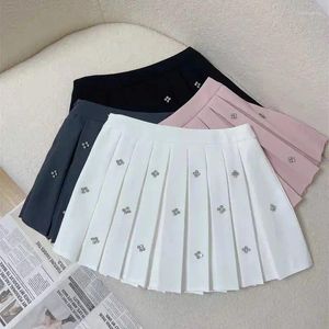 Skirts Luxury Diamond Beading Women A-Line Pleated Skirt Summer Vintage Y2k Solid Color Mini Jk Preppy Streetwear K079