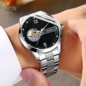 Armbandsur 2024 Nya Skrox Famous Brand Authentic Hollow Automatic Noctilucent Pure Mechanical Steel Steel Waterproof Mens Q240426