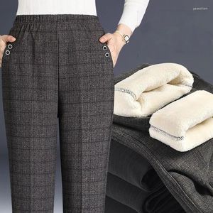 Women's Pants Elastic High Waist Commute Fleece Plaid Women 's Autumn Winter Casual Luxery Warm All-match Thick Straight Trousers