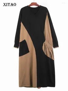 Lässige Kleider Xitao Asymmetrisch Kontrastfarbe Kleid Stricken losen Falten Tasche V-Ausschnitt Frauen Fashion Spring Pullover Wld13285