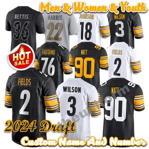 2024 Taslak 3 Russell Wilson 76 Troy Fautanu 90 T.J. Watt Custom 2 Justin Fields 22 Najee Harris 36 Jerome Bettis Erkekler Kadın Gençlik Futbol Forması S-6XL