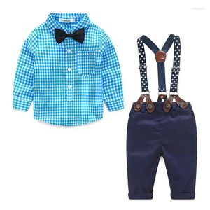 Conjuntos de roupas 2024 US 2pcs criança bebê menino de manga comprida gravata borda camisa xadrez calças de calças de calças