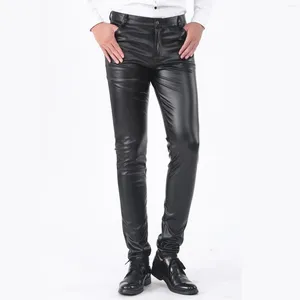 Men's Pants Night Club Dance Leather Slim Fit Skinny Motorcycle Leggings Elastic Cargo Trousers Black Male Pocket Tight