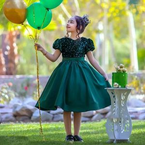 Girl Dresses 2024 Green Flower O-Neck Sequined Short Sleeve Knee Length Satin Birthday Wedding Party Gowns Robe Princesse Fille