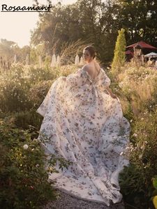 우아한 꽃 인쇄 A- 라인 웨딩 드레스 어깨 반 소매 신부 가운 Robe de Mariee