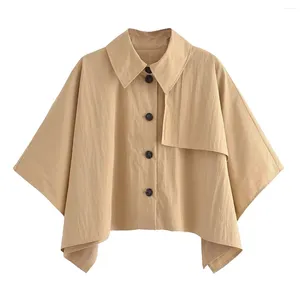 Women's Blouses 2024 Spring Short Point Neck Coat Poncho Shirt Turn-down Collar Single Breasted Blouse For Outdoor High Street Commuting