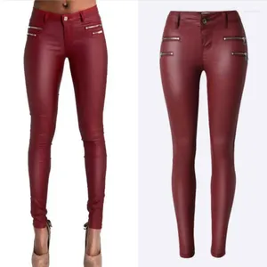 Frauen Jeans niedrige Taille PU Lederhose Frauen Doppelte Reißverschluss dünne Femme hohe Stretch -Push -up -Feminino -Wein Red Pantalon