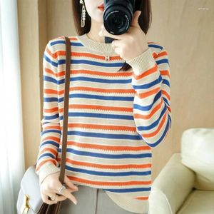 Kvinnors tröjor Kvinnor Långärmad topp 2024 Spring Autumn Knit Lady Pullover Korean Fashion Casual Stripe Stora kvinnliga kläder