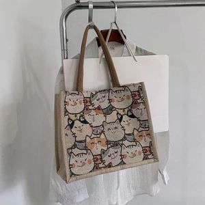 Fashion shopper tote bag horizontal printed canvas handbag woman luxury handbag canvas linen Beach big Travel shopping bag06